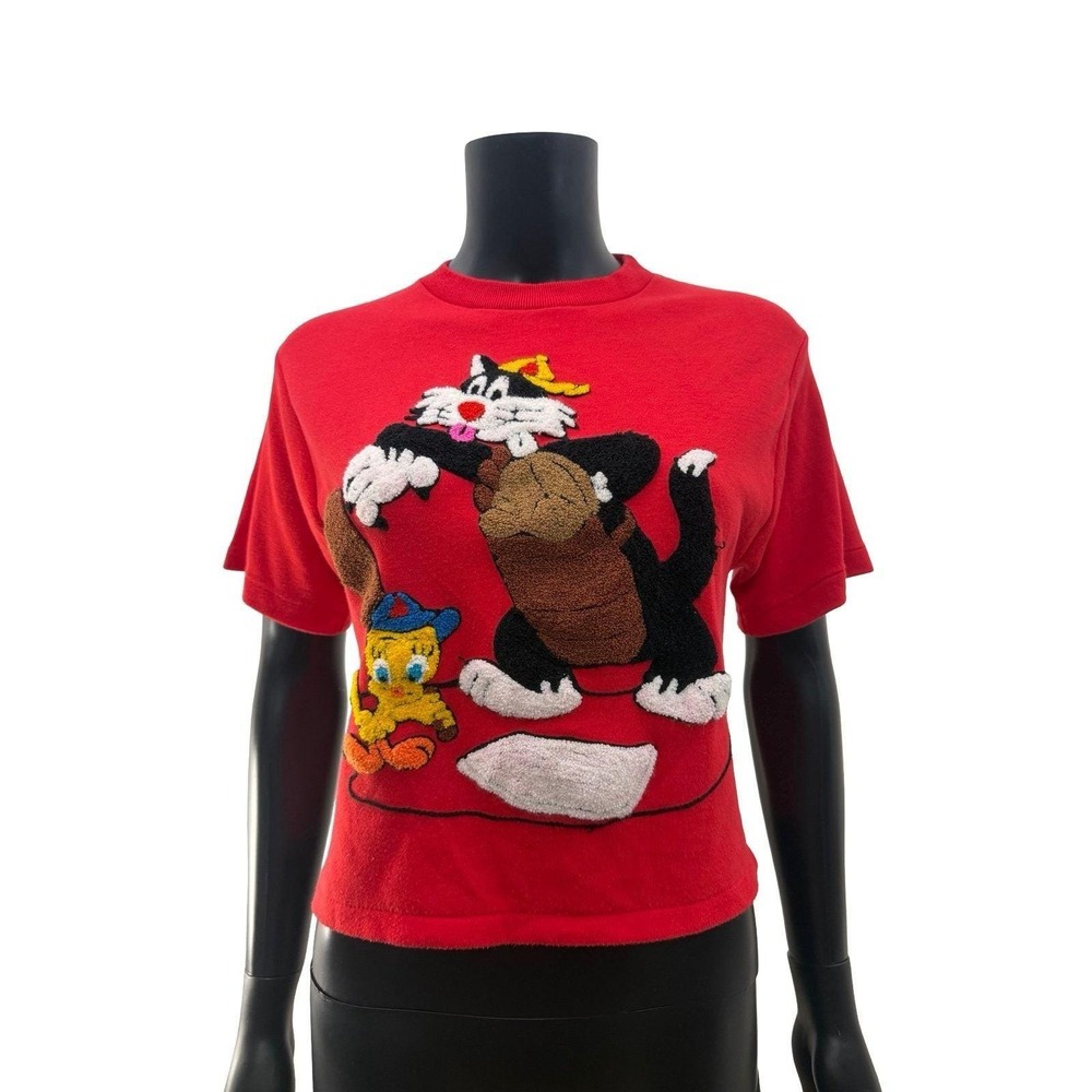 Vintage 1984 Sylvester Tweety T-Shirt Sunday Comics Chenille Red Warner Bros M